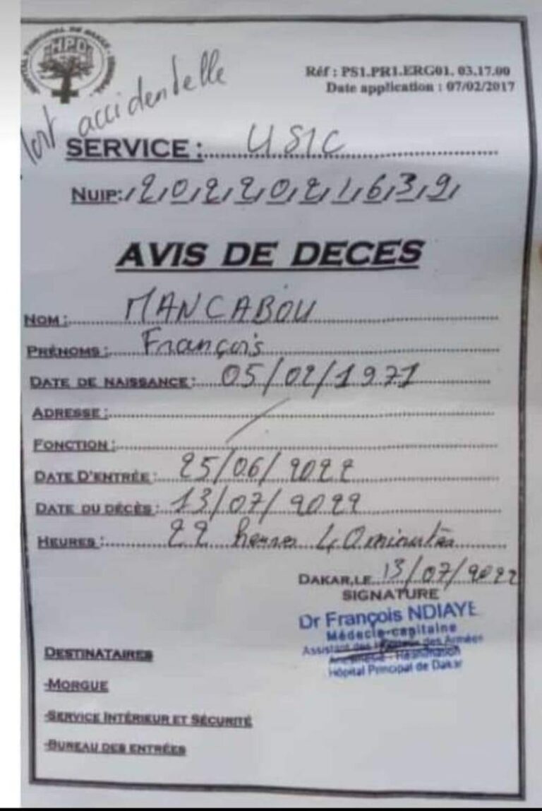 ( DOCUMENT )Mort De François Mancabou : L’hôpital Principal De Dakar ...