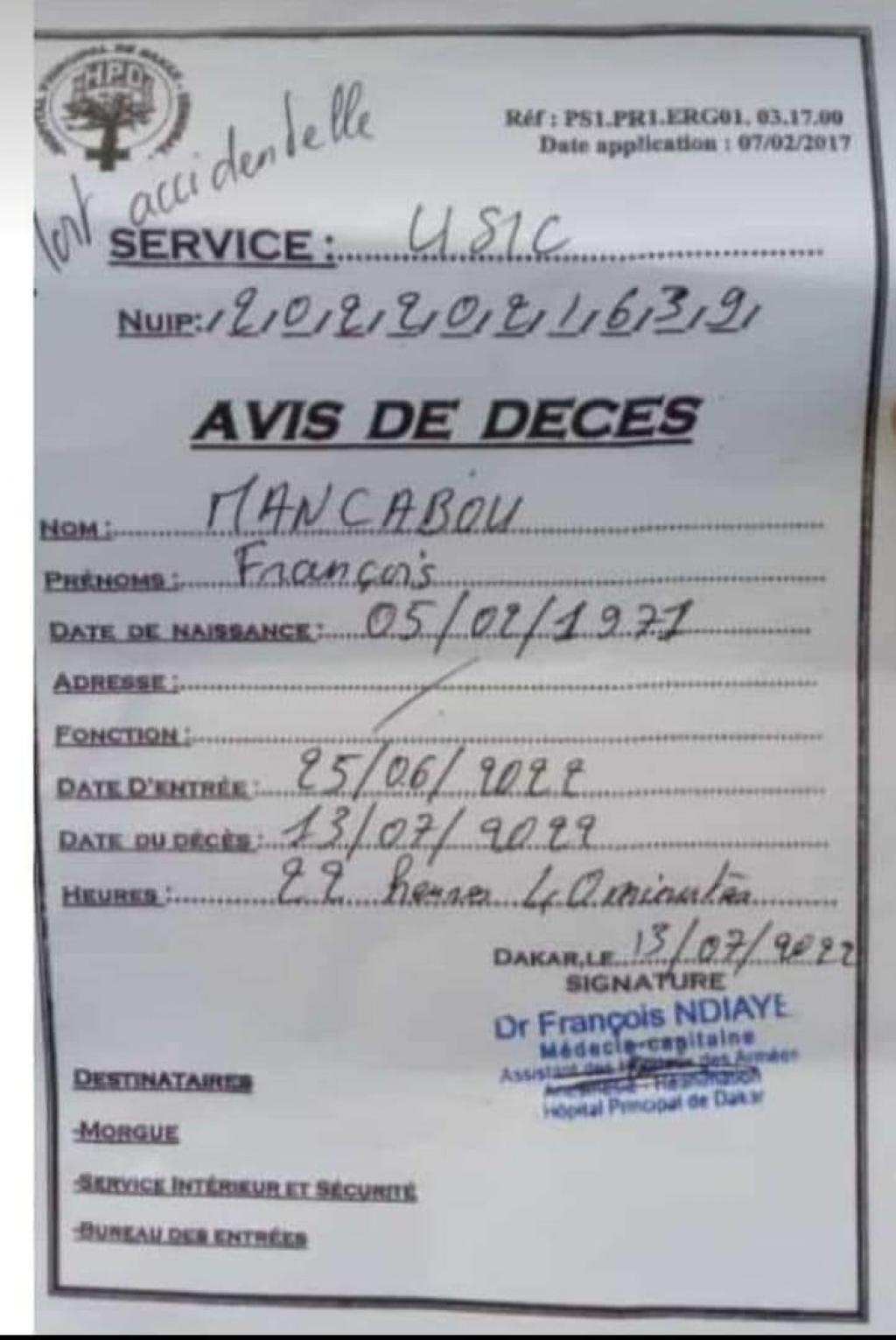 ( DOCUMENT )Mort de François Mancabou l’hôpital Principal de Dakar révèle les véritables ( DOCUMENT )Mort de François Mancabou l’hôpital Principal de Dakar révèle les véritables